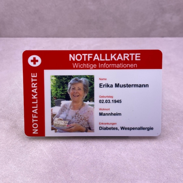 Notfallausweis, ICE, Notfallkarte, Pass, Plastikkarte, Senioren, Personalisiert für Ihre Sicherheit im Scheckkartenformat für Brieftasche,