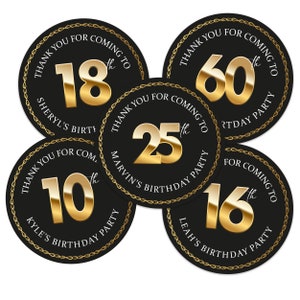 Personalised Birthday Stickers Custom Age Name Party Gift Bag Black Gold Glitter Celebration Labels Tags