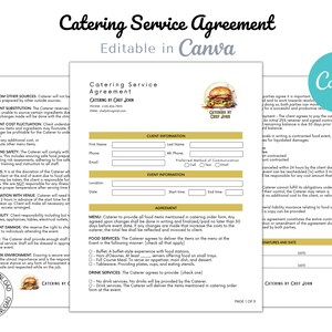 Catering Agreement, Catering Template, Contract Template, Catering Contract Form, Editable Catering Contract, Catering business, Canva
