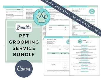May include: A green and white printable bundle for pet grooming services. The bundle includes a grooming service agreement, intake-groom order, and policies for grooming by Emma. The text "Bundle", "Pet Grooming Service Bundle", and "Grooming By Emma" is visible on the documents.
