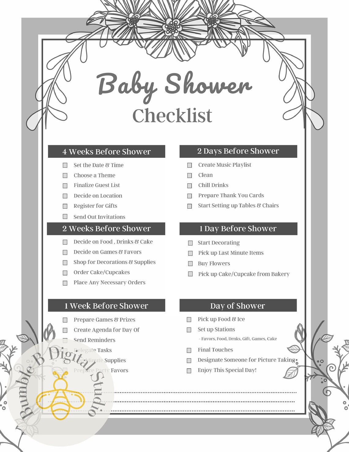 Baby Shower Checklist Printable Baby Shower PDF Shower - Etsy