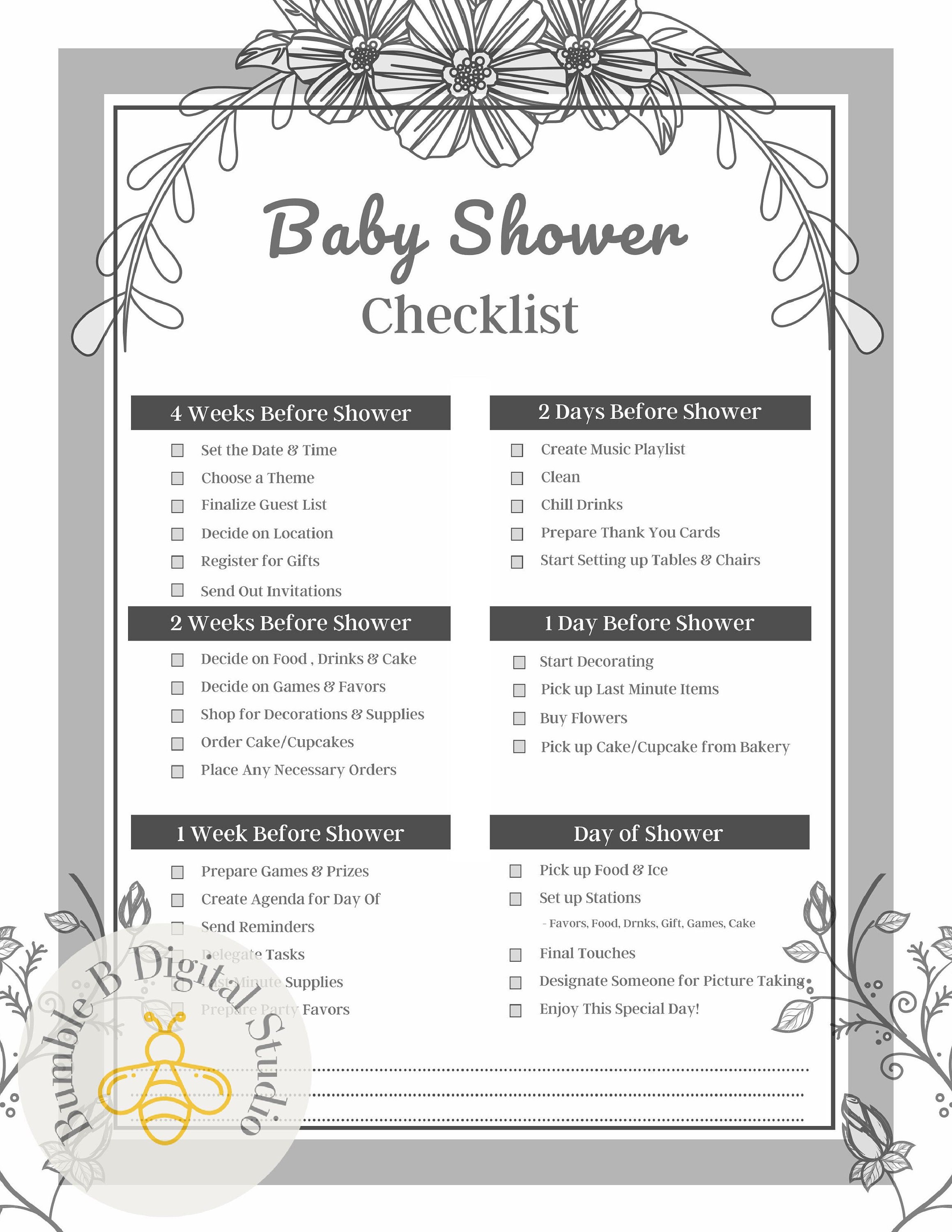 Baby Shower Checklist Printable Baby Shower PDF Shower - Etsy