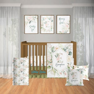 Personalized Baby Girl Crib Bedding Set, Floral Sage Crib Bedding, Baby Girl Nursery Bedding, Pink Sage Crib Bedding, Floral Diaper Backpack