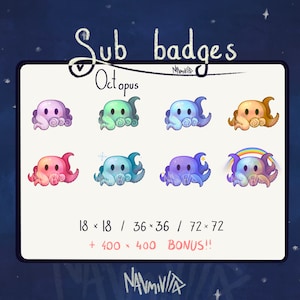 Octopus Twitch サブ/ビット バッジ - ストリーマー向けのアートワーク、グラフィック