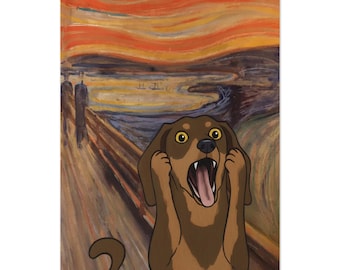 May include: A humorous parody of Edvard Munch's "The Scream" featuring a brown dachshund dog with wide eyes and an open mouth. The background mimics the original painting's swirling orange and yellow sky and bridge.
