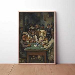 May include: A framed print depicts a poker game with dogs in human attire. The dogs, of various breeds, are seated around a green felt table, playing cards. The background shows a dimly lit room with other figures.