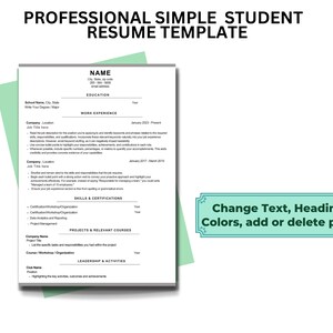Student Resume Template, Clean & Professional Resume Template, College Students, and High School Students with Cover Letter, 1 Page Resume