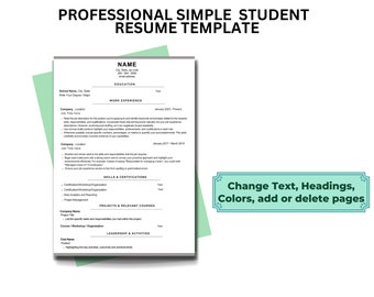 Student Resume Template, Clean & Professional Resume Template, College Students, and High School Students with Cover Letter, 1 Page Resume