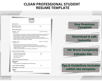 Student Resume Template, Clean & Professional Resume Template, College Students, and High School Students with Cover Letter, 1 Page Resume