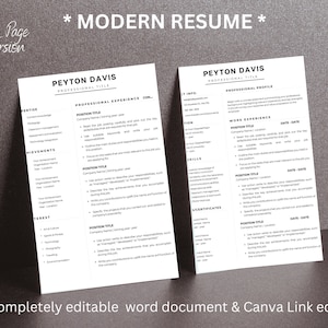 May include: A black and white resume template with the title "Modern Resume" and the name "Peyton Davis" at the top. The template includes sections for "Professional Experience", "Skills", "Certificates", "Work Experience", and "Professional Profile".
