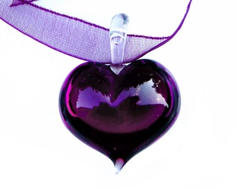 Glass Of Venice Murano Glass Puffed Heart Necklace & Earrings Set - Handmade In Italy, Purple, Gift Box & Pouch Included