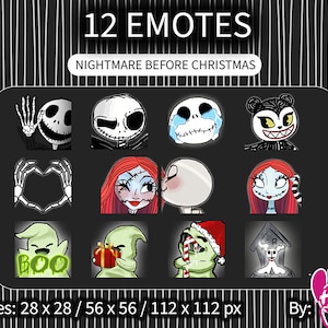 Op de afbeelding: Twaalf zwart-witte cartoon-emoticons met personages uit de film Nightmare Before Christmas. De emoticons zijn gerangschikt in een raster van vier rijen en drie kolommen. De emoticons zijn in verschillende poses, waaronder knipperen, huilen en een hartvorm maken met hun handen. De emoticons zijn allemaal in zwart-wit, behalve één die in kleur is en een roodharig personage met een gestikte mond laat zien.