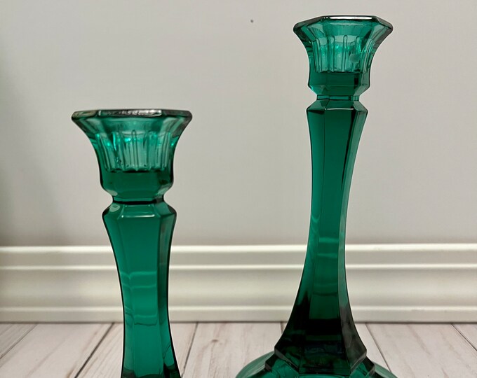 Vintage Glass Candlesticks, Teal evergreen Indiana Glass, Pair of
