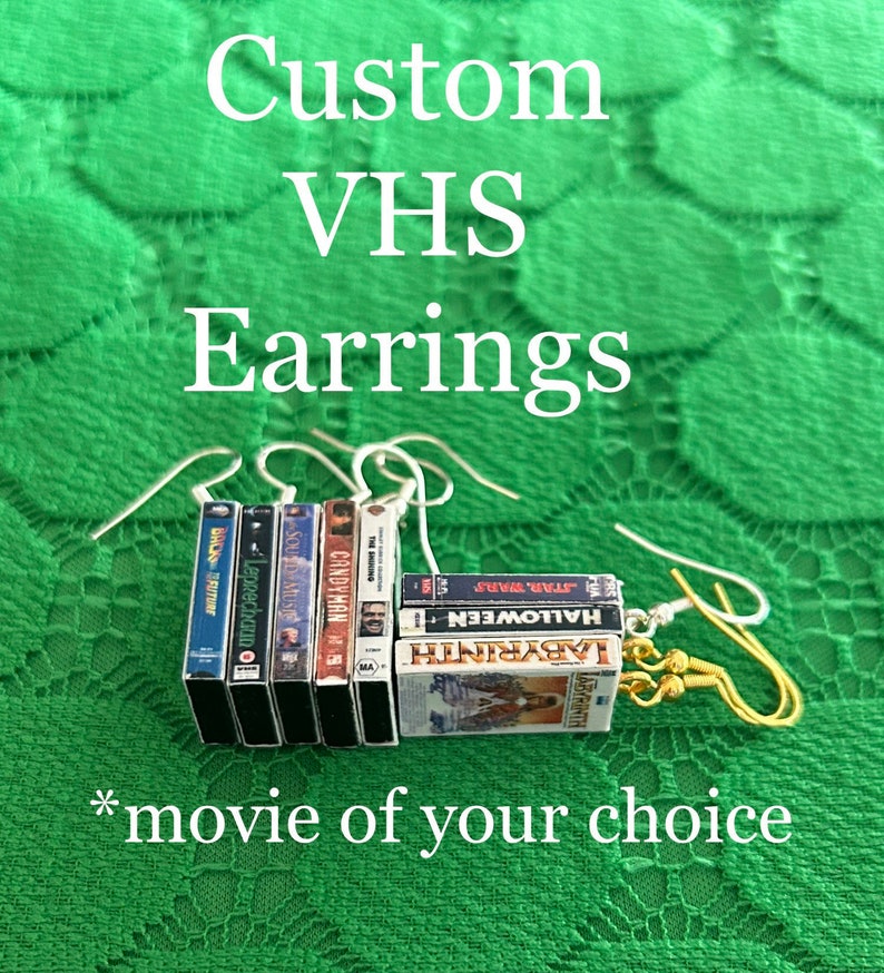 Nostalgic, customizable, handmade, VHS movie earrings image 1