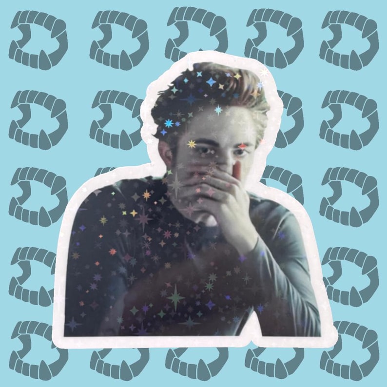 May include: A sticker featuring a person with a hand covering their mouth, adorned with holographic star accents. The background is light blue with a pattern of gray vampire teeth.