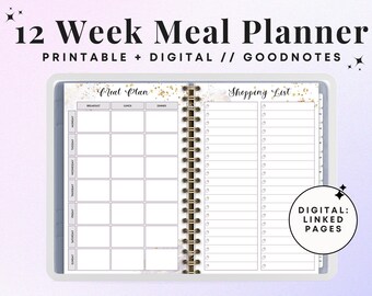 Planificador de comidas semanal digital e imprimible / Planificador de comidas sin fecha de 12 semanas / Planificador de comidas Goodnotes con hipervínculos