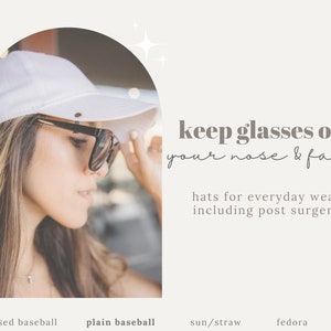 Glasses holder post surgery (rhinoplasty) recovery hat nose guard to suspend glasses off nose & face. No eyeglasses marks, dents, slipping.