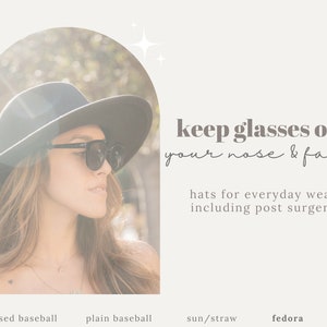 Glasses holder post surgery (rhinoplasty) recovery hat nose guard to suspend glasses off nose & face. No eyeglasses marks, dents, slipping.