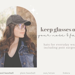 Glasses holder post surgery (rhinoplasty) recovery hat nose guard to suspend glasses off nose & face. No eyeglasses marks, dents, slipping.