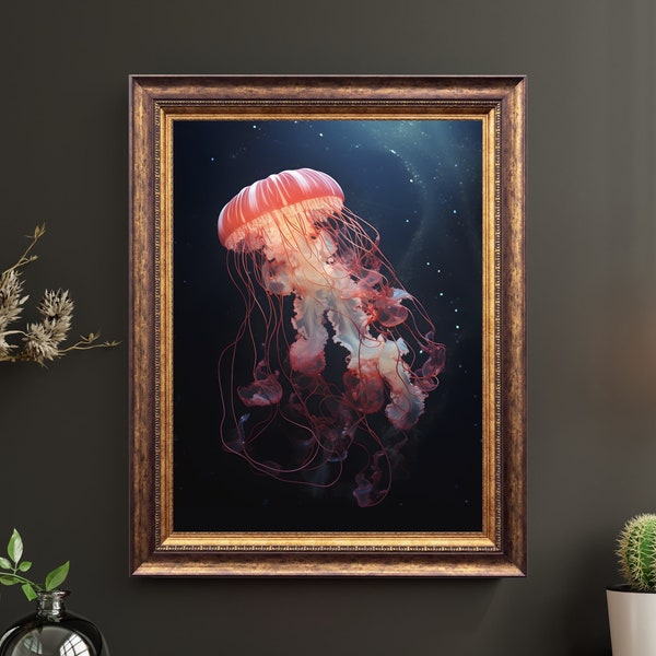 Vintage Jellyfish Artwork, Ocean Wildlife Print, Antique Nautical, Marine Painting, Sea Animal Wall Art, Sea Creature Decor, Dark Botanical