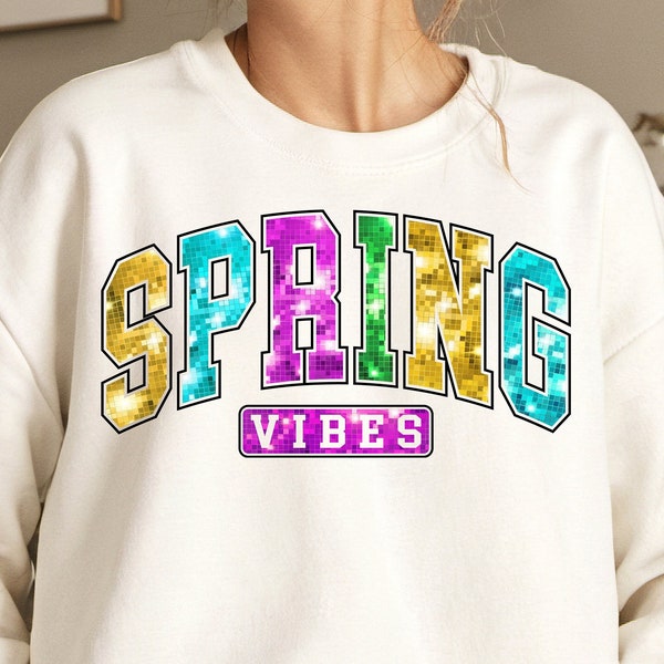 Faux Sequin Spring Vibes png, easter varsity png, glitter easter png, spring varsity png, spring season png, sparkly sublimation design