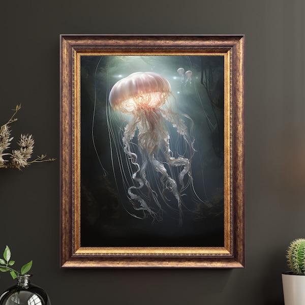 Vintage Jellyfish Artwork, Ocean Wildlife Print, Antique Nautical, Marine Painting, Sea Animal Wall Art, Sea Creature Decor, Dark Botanical
