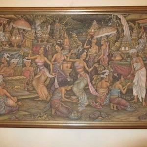 Signed Original Vintage 1930-1950 Painting by I Wayan Gandera, Balinese Artwork named "Mythological Story" Ubud, Bali Art 38" x 24"
