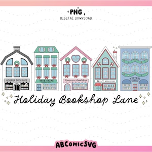 Urlaub Buchladen Lane PNG, trendige Weihnachten Lese Clipart, niedliche Designs für Aufkleber, T-Shirts, Sweatshirts, Lesezeichen, Schlüsselanhänger, Taschen