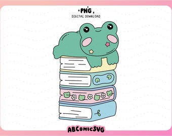 TBR Book Stack Frog PNG: Fantastyczny projekt clipartów z motywem zwierząt książkowych (do pobrania w wersji cyfrowej)