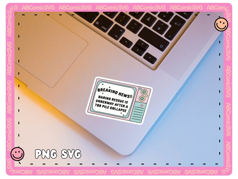 May include: A sticker on a laptop with a retro television screen design. The text on the sticker reads "BREAKING NEWS!! DARING RESQUE IS UNDERWAY AFTER A TBR PILE COLLAPSE".