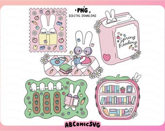 Zestaw Bookish Spring Bunny PNG: Kawaii Rabbit Clipart dla miłośników książek (pobieranie cyfrowe)