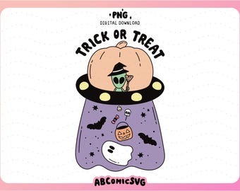 Trick or Treat UFO PNG, Funny Alien PNG, Halloween Ghost Png, Spooky Season Png, Get in Loser Png, Quirky Alien Sticker Design