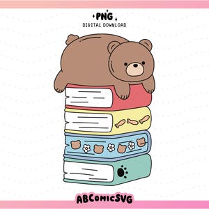 May include: A cartoon illustration of a brown bear lying on top of a stack of colorful books. The books are red, yellow, blue, and green, with decorative elements like fish and bear faces. The image includes the text "+PNG DIGITAL DOWNLOAD" and "ABComicsSVG".