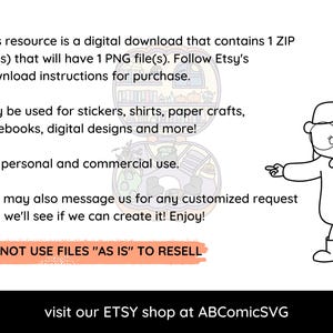 Może przedstawiać: Grafika do pobrania cyfrowego z tekstem: "This resource is a digital download..." i "DO NOT USE FILES 'AS IS' TO RESELL". Zawiera ilustrację kresk&oacute;wkową osoby w okularach. Odwiedź nasz sklep Etsy pod adresem ABComicSVG.