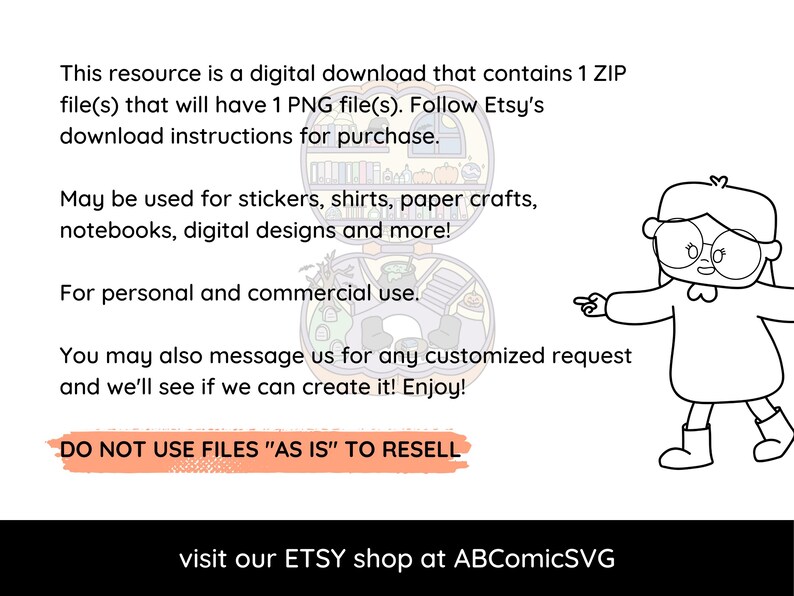 Może przedstawiać: Grafika do pobrania cyfrowego z tekstem: "This resource is a digital download..." i "DO NOT USE FILES 'AS IS' TO RESELL". Zawiera ilustrację kresk&oacute;wkową osoby w okularach. Odwiedź nasz sklep Etsy pod adresem ABComicSVG.