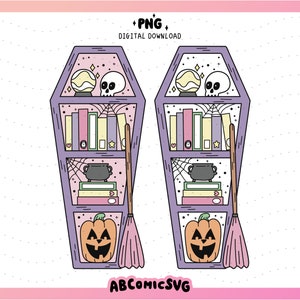 May include: A digital download of a purple and pink coffin-shaped bookshelf with three shelves. The shelves are decorated with a skull, a crystal ball, a cauldron, books, a pumpkin, and a broom.