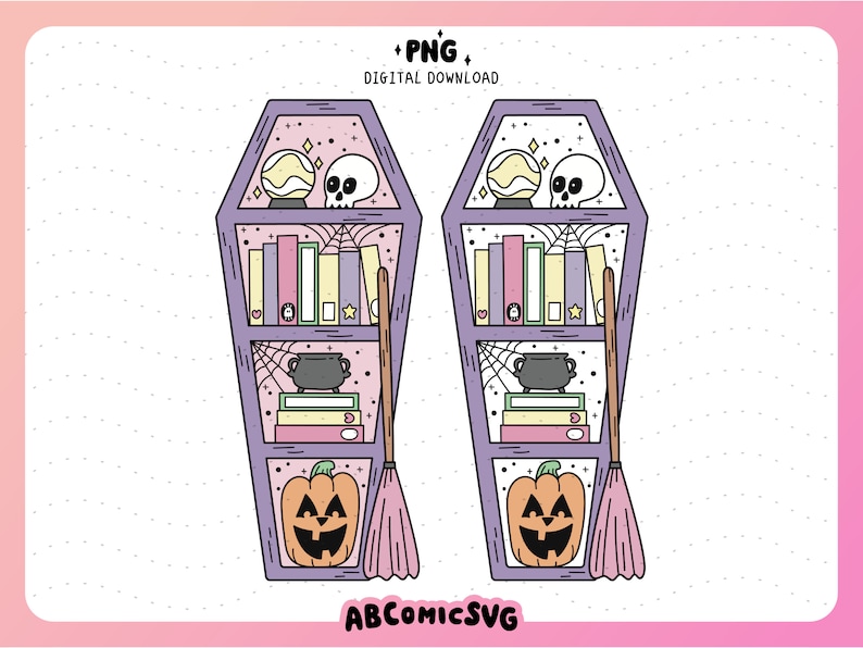 May include: A digital download of a purple and pink coffin-shaped bookshelf with three shelves. The shelves are decorated with a skull, a crystal ball, a cauldron, books, a pumpkin, and a broom.