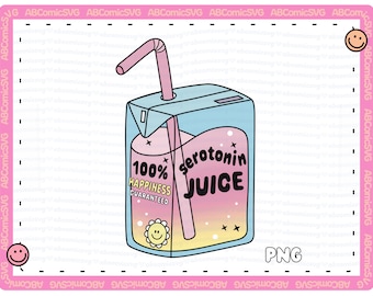 Puede incluir: Una ilustración de dibujos animados de una caja de jugo con una pajita rosa. La caja de jugo es azul, rosa y amarilla con una etiqueta blanca que dice "100% HAPPINESS GUARANTEED" y "serotonin JUICE".