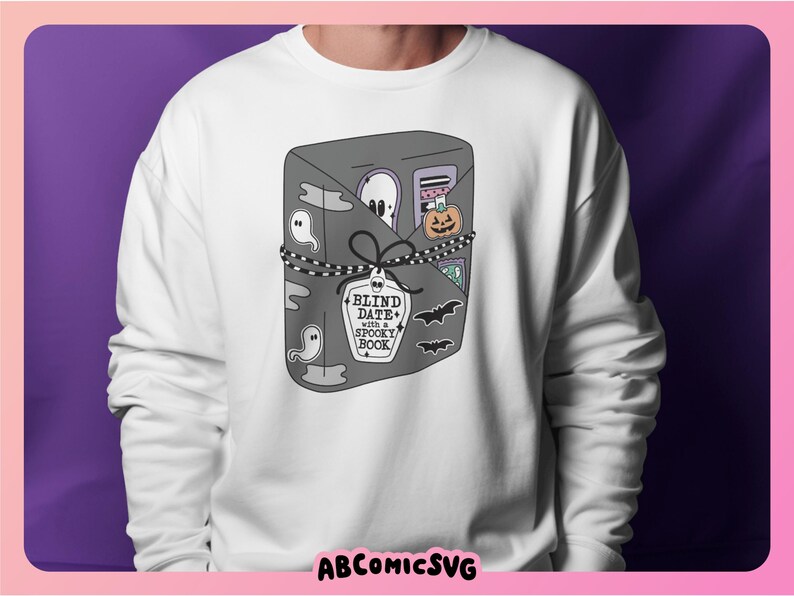 May include: White sweatshirt with a graphic of a closed book with the text "Blind Date with a Spooky Book" on the front.