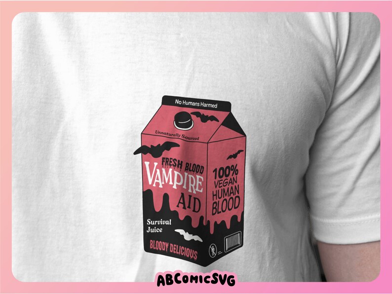 May include: A pink and black carton with the words "Fresh Blood Vampire Aid" and "100% Vegan Human Blood" printed on it. The carton has a black bat design and the words "Survival Juice" and "Bloody Delicious" printed on it.