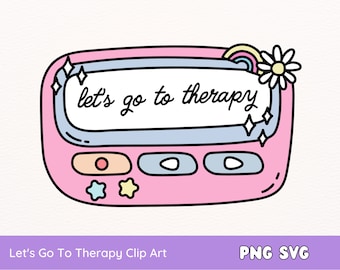 Puede incluir: Un busca personas rosa de dibujos animados con el texto "let's go to therapy" en la pantalla. El busca personas tiene un arcoíris, estrellas y una flor.