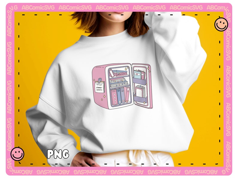 Pode incluir: Um refrigerador ilustrado rosa e azul cheio de livros. O refrigerador tem uma nota na porta que diz "Estou sem bons livros".
