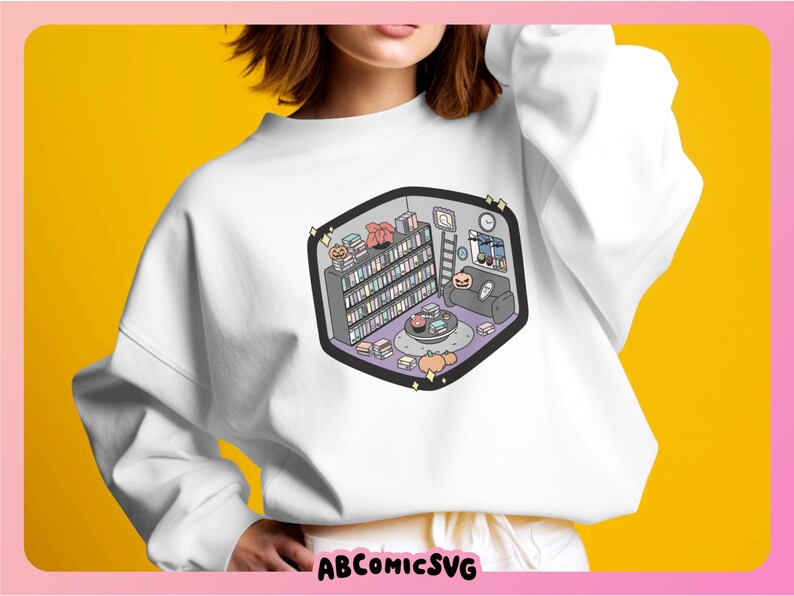 May include: White sweatshirt with a graphic print of a cozy living room with a bookshelf, a couch, and a coffee table. The graphic is in a cartoon style with pastel colors.