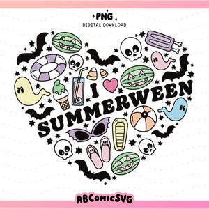 May include: A heart-shaped design with the text "I SUMMERWEEN" and summer and Halloween-themed illustrations. Features bats, ghosts, skulls, watermelon slices, ice cream, and sunglasses. The image has a pink and white gradient background.