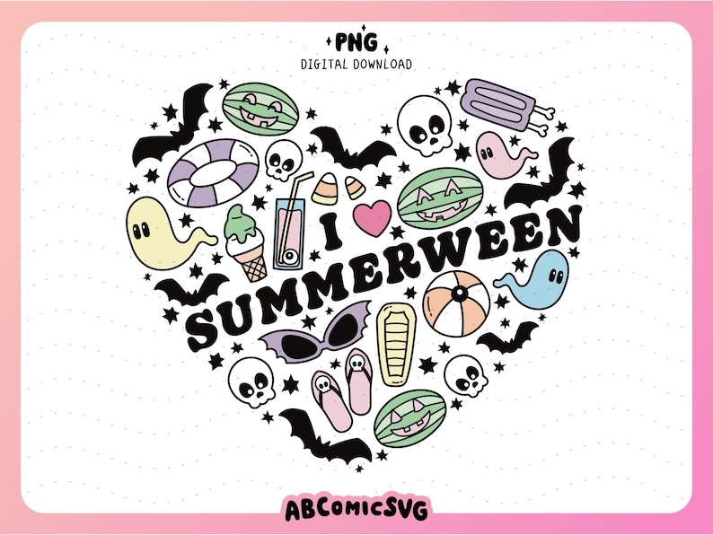 May include: A heart-shaped design with the text "I SUMMERWEEN" and summer and Halloween-themed illustrations. Features bats, ghosts, skulls, watermelon slices, ice cream, and sunglasses. The image has a pink and white gradient background.
