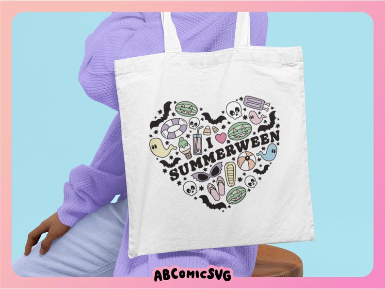 May include: White tote bag featuring a heart-shaped design with the text "I Summerween" and summer and Halloween-themed illustrations. The illustrations include ghosts, bats, skulls, and watermelon slices. The background is light blue and pink.