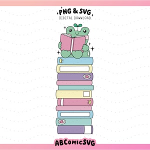 Bookish Frog SVG PNG, Book Pile SVG, Cute Reading Frog Svg, Diseños de moda para pegatinas, marcadores, llaveros de motel, camisetas, tazas, bolsos