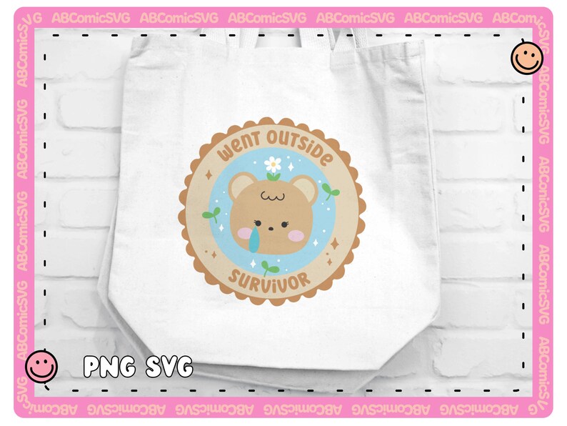 May include: A white tote bag with a brown and blue circular design featuring a cartoon bear with a tear, a flower, and the text "Went Outside Survivor".