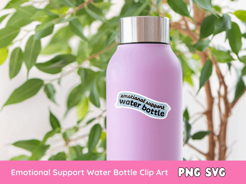 May include: A purple water bottle with a white sticker that says "emotional support water bottle".