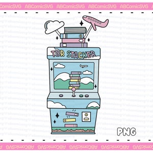 Może przedstawiać: Kreskówkowa ilustracja niebieskiej i białej gry arcade z napisem "TBR STACKER" z przodu. Gra zawiera stos książek, chmurę i samolot. Gra jest umieszczona na różowym tle.